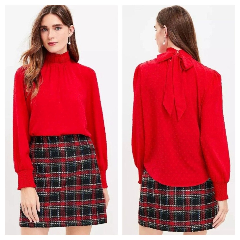 LOFT Red Clip Swiss Dot Smocked High Neck Tie Blouse L Large NWT Long Sleeve